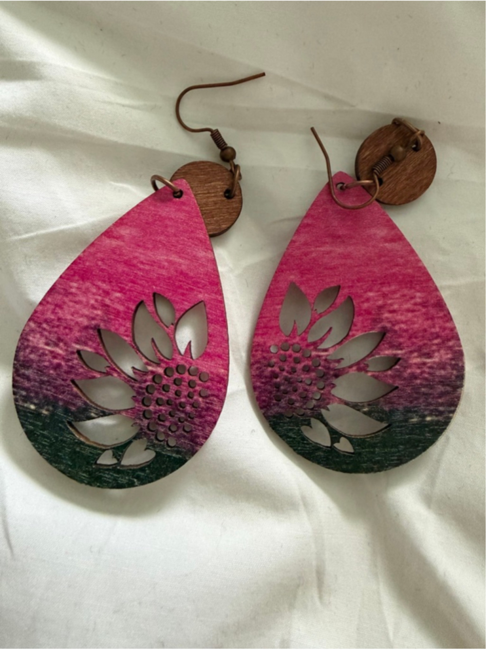 Teardrop Sunflower Earrings One Size Pink Brown - Picture 2 of 2